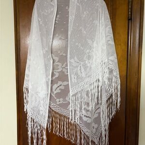 White Lace Shawl with Fringe or bathing suit cover swim cover
